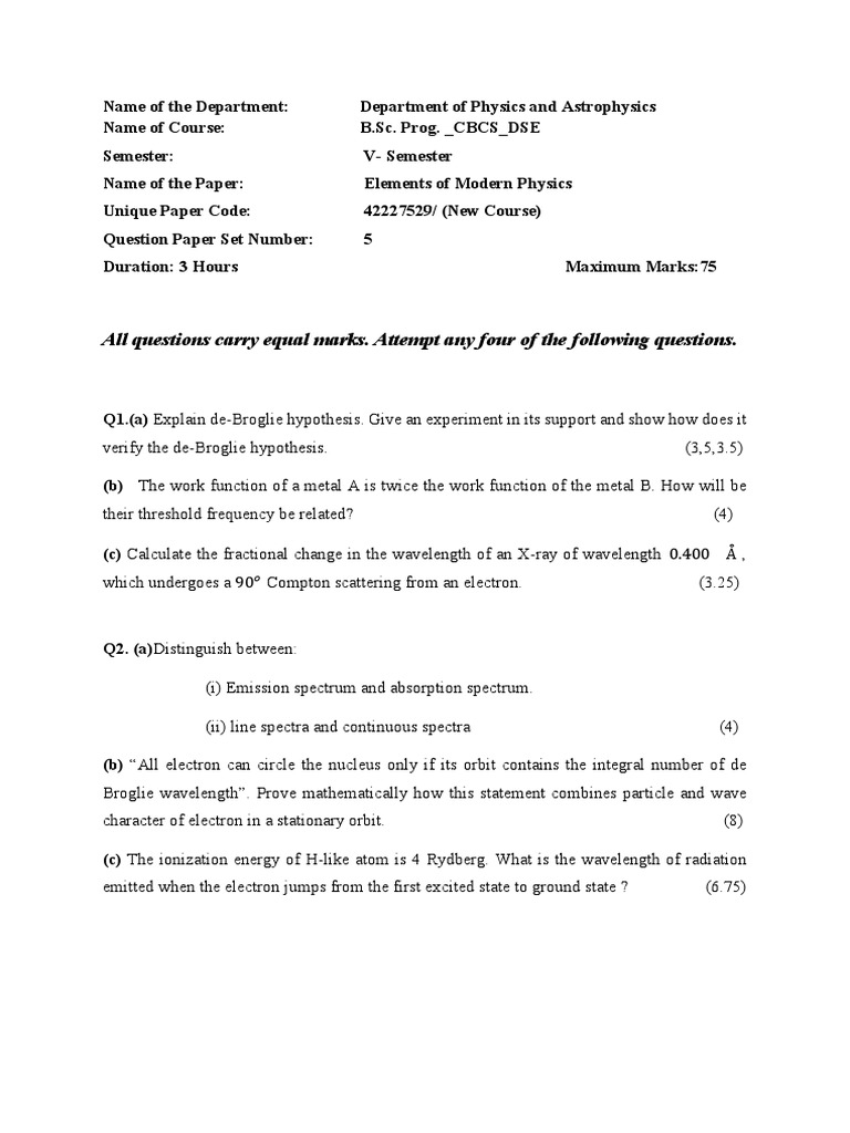 Modern Physics Elements Exam Questions | PDF | Electron | Emission Spectrum