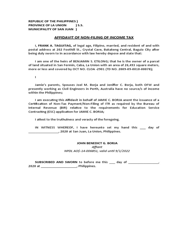 Affidavit of Ofw Parent Non Filing of Itr and No Sources of Income 