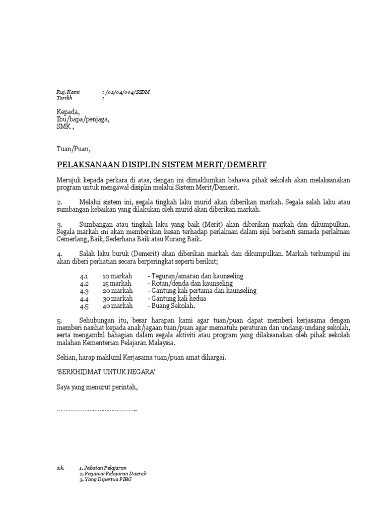 Surat Pelaksanaan Disiplin Sistem Merit Demerit | PDF