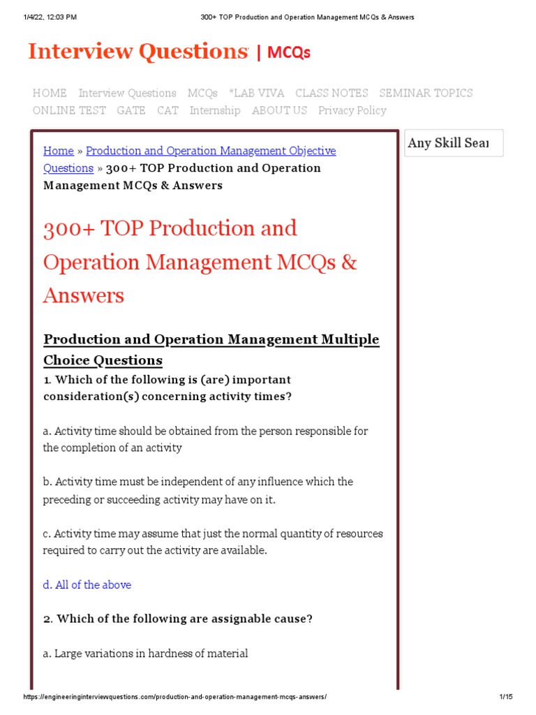 Production And Operation Management Mcqs Answers Pdf Multiple