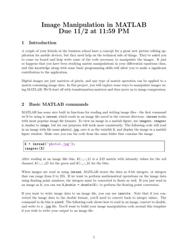 Image Manipulation in MATLAB Due 11/2 at 11:59 PM | PDF | Matrix ...