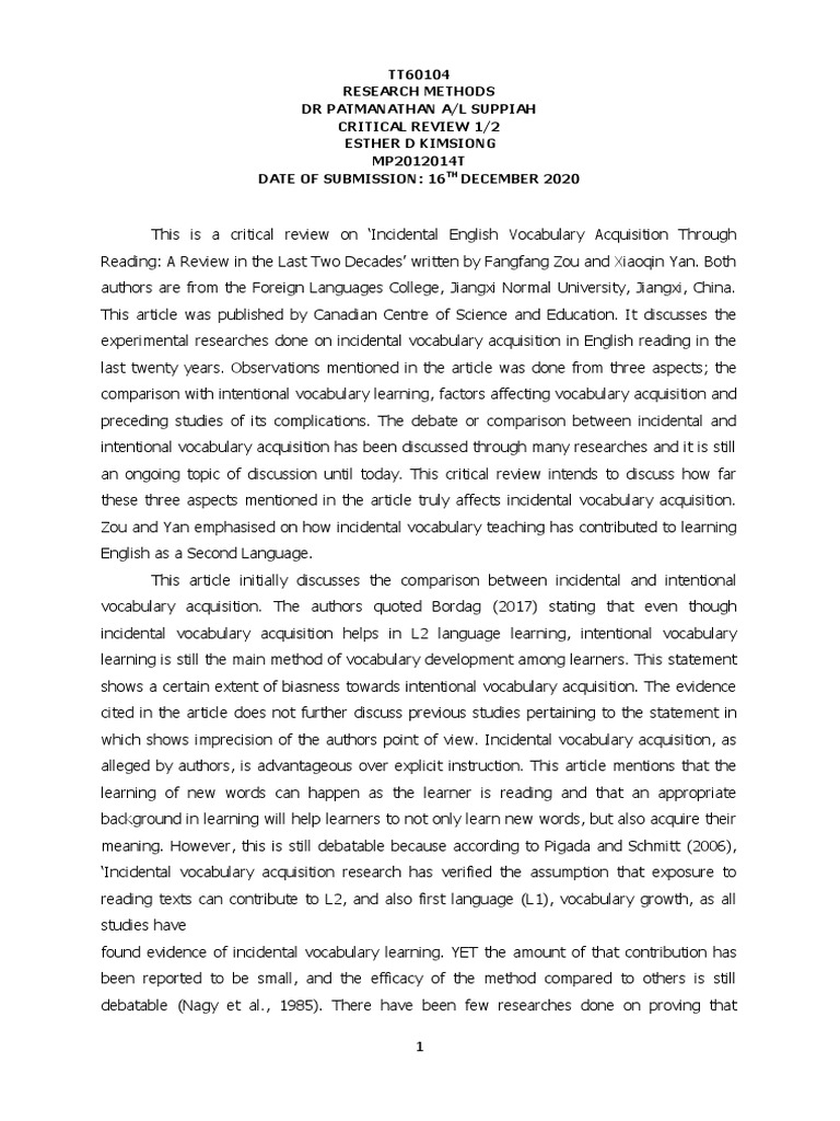 TT60104 Critical Review 1 | PDF | Vocabulary | Language Acquisition