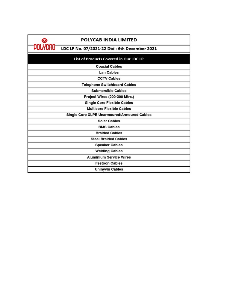 Polycab Cable Price List 2021-22 | PDF | Electrical Conductor ...