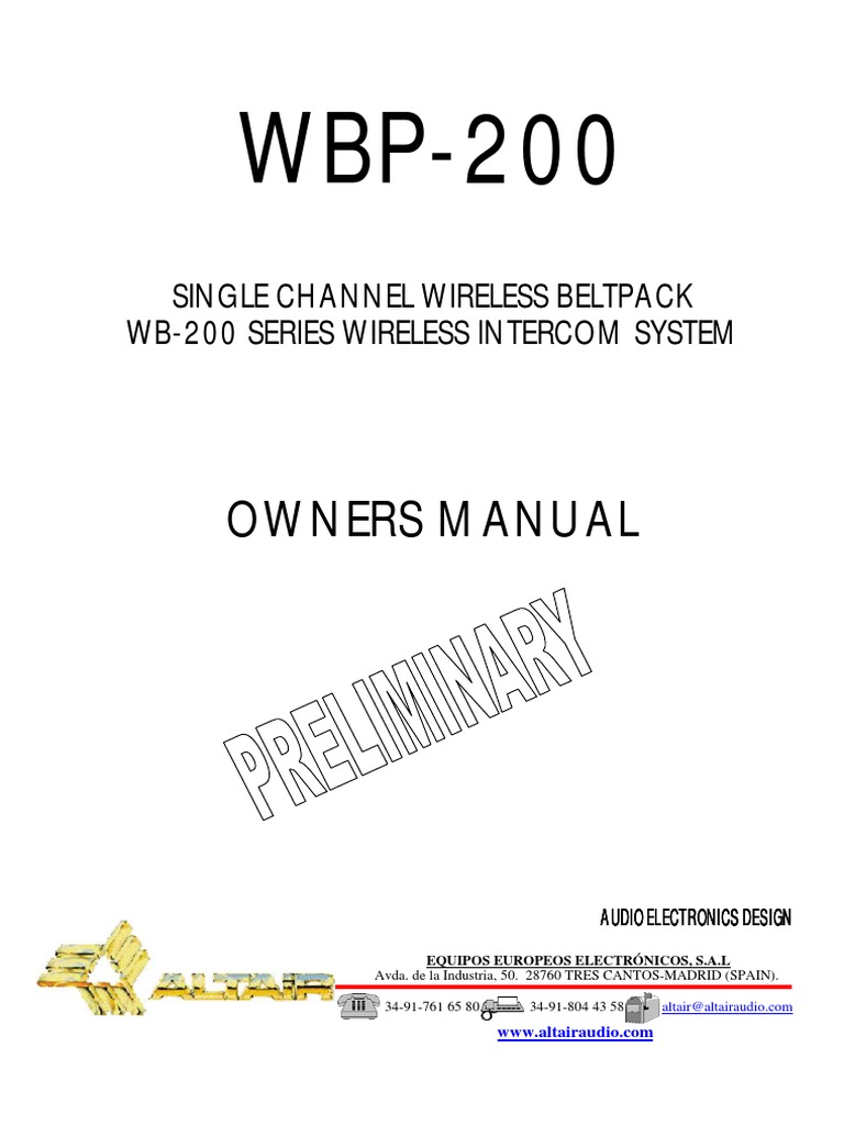 WBP-200 Wireless Beltpack Manual | PDF | Battery Charger | Headphones
