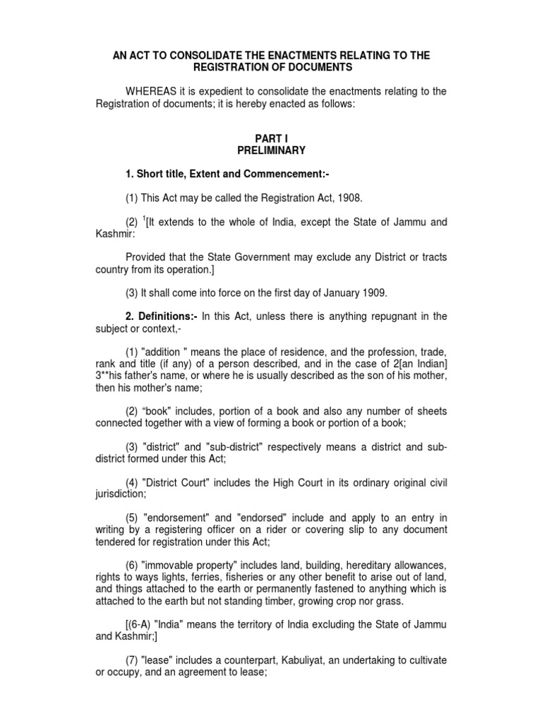 Registration Act 1908 PDF Will And Testament Mortgage Law