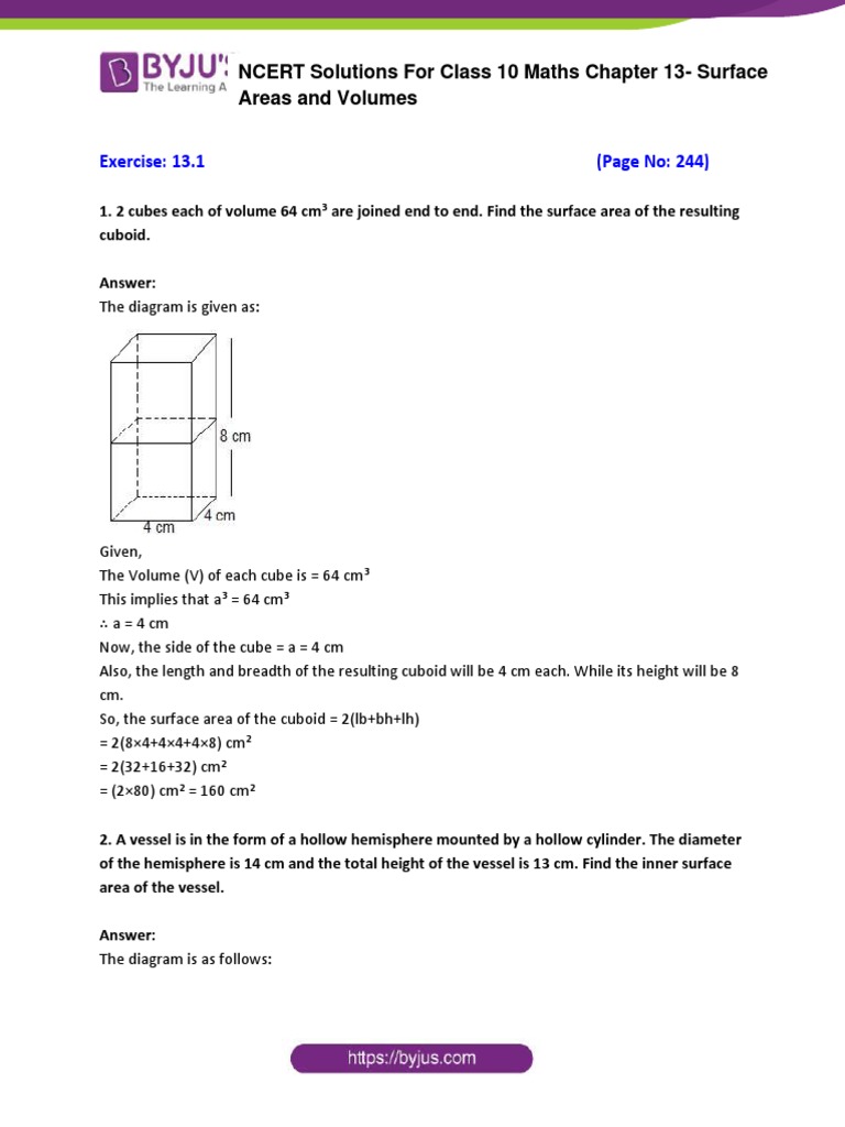 Class 10 Surface Area & Volume Solutions | PDF | Sphere | Volume