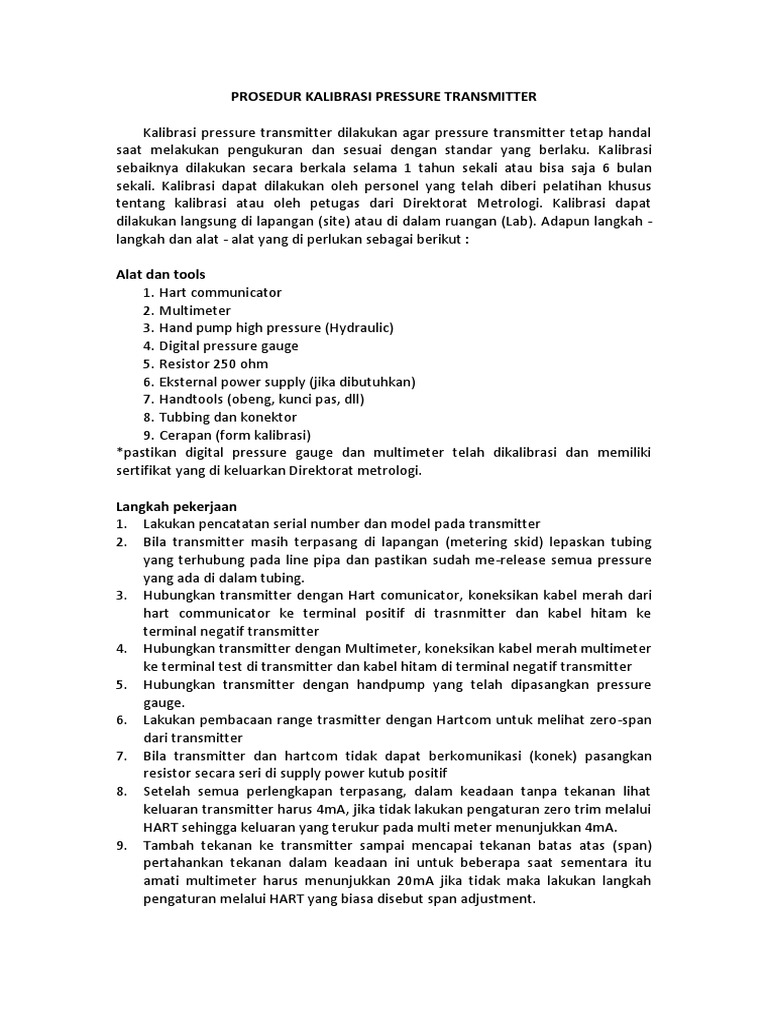 Prosedur Kalibrasi Pressure Transmitter PDF