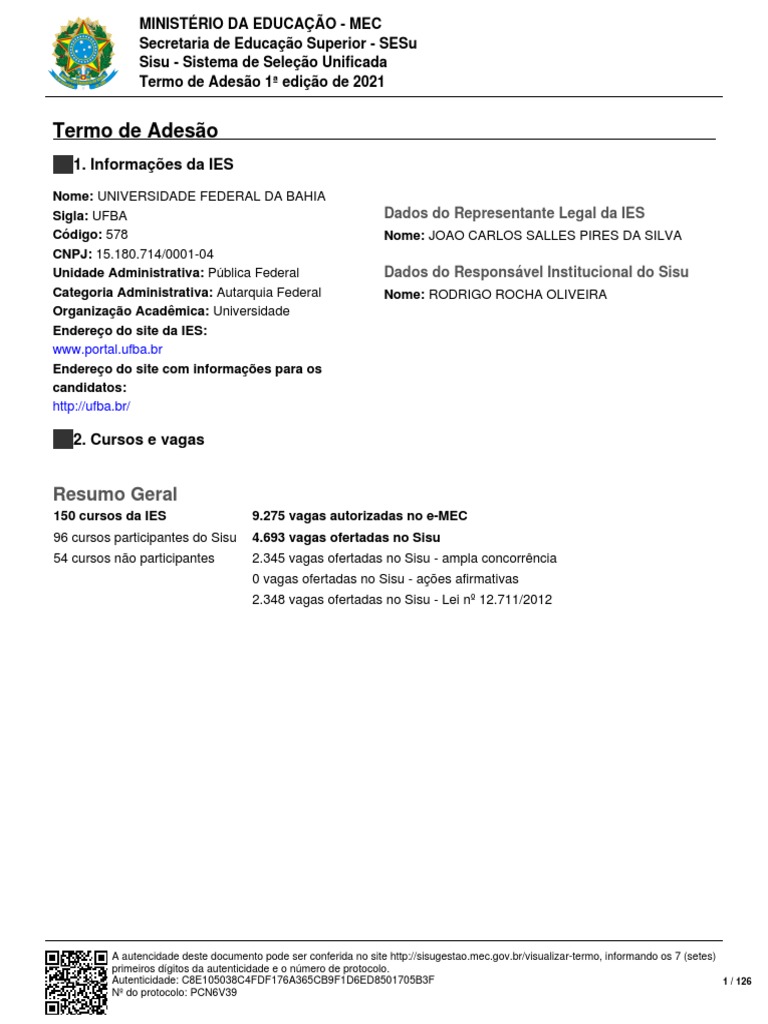 Termo de Adesão Sisu UFBA 2021 | PDF | Diploma de bacharel | Academia