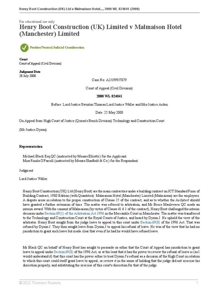 Henry Boot Construction V Malmaison Judgement PDF Judgment (Law