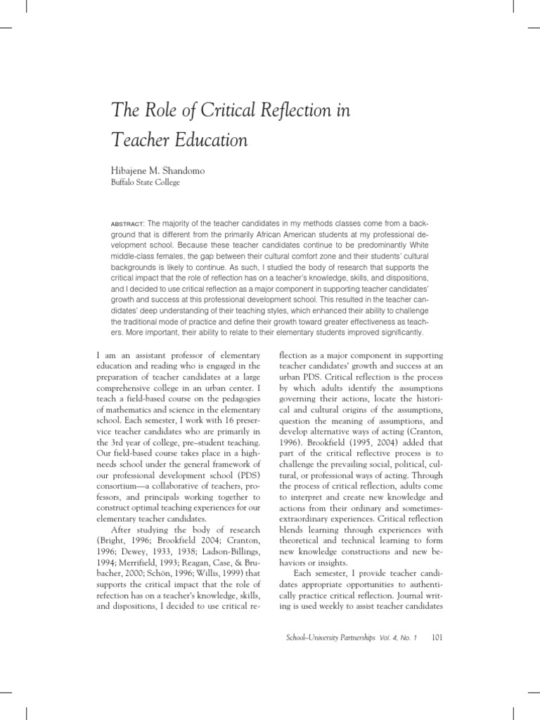 the role of critical reflection in teacher education