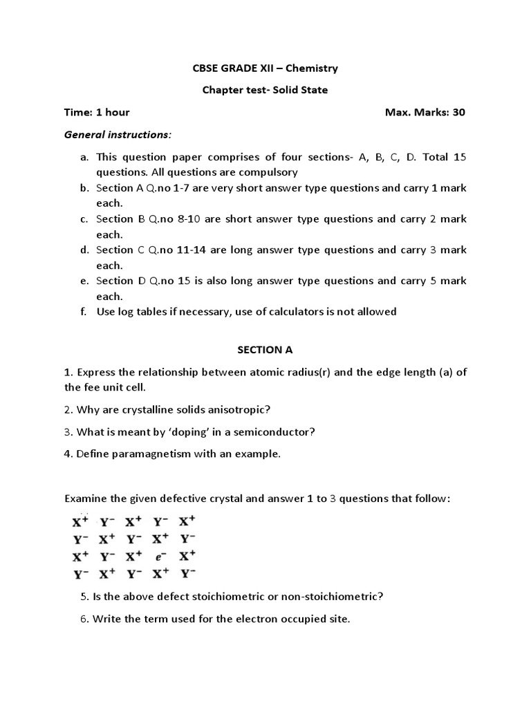 CBSE Class 12 Chemistry Solid State Test | PDF | Crystal Structure ...