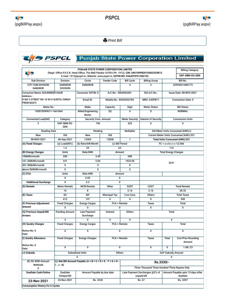 PSPCL Electricity Bill PDF Payments Government Finances
