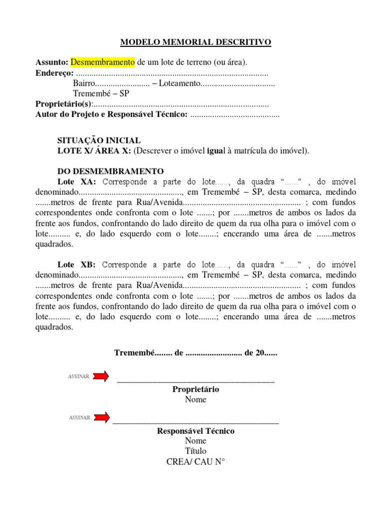 Modelo de Memorial Descritivo para Desmembramento | PDF