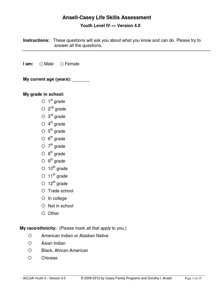 Ansell casey life skills assessment youth level iv version 4 0 pdf