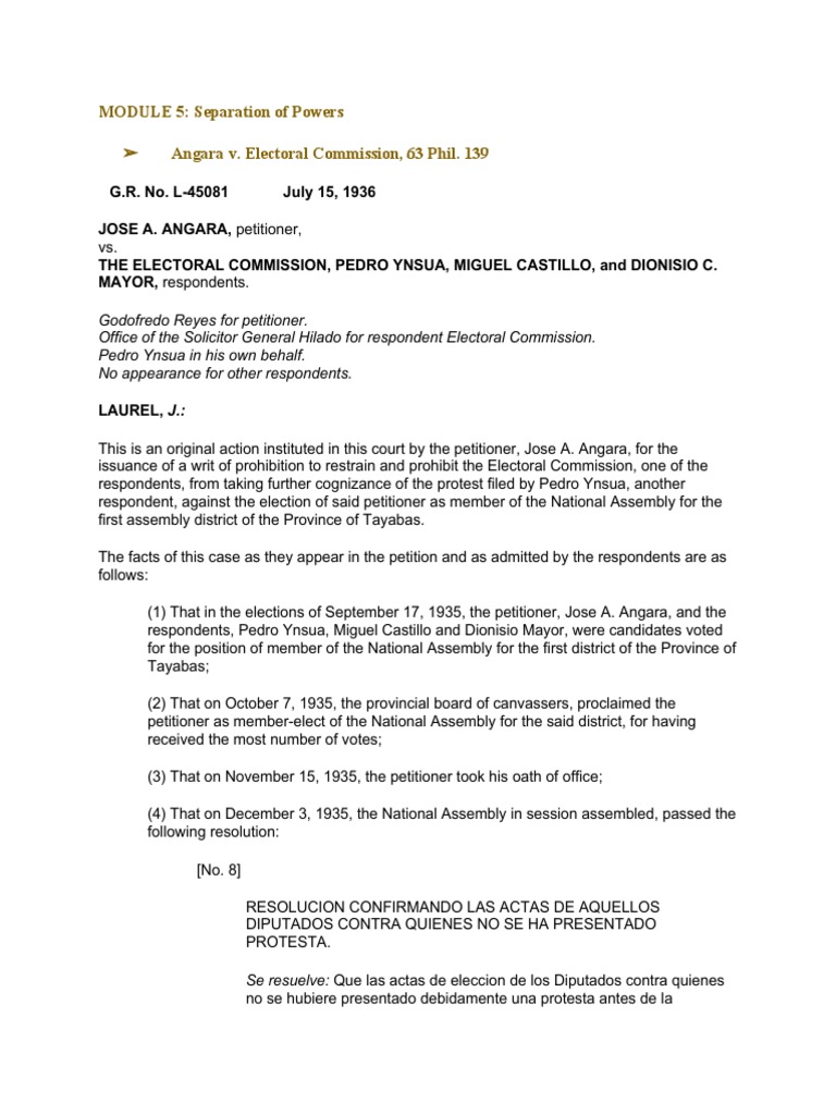 Angara v. Electoral Commission Case | PDF | Constitution | Jurisdiction