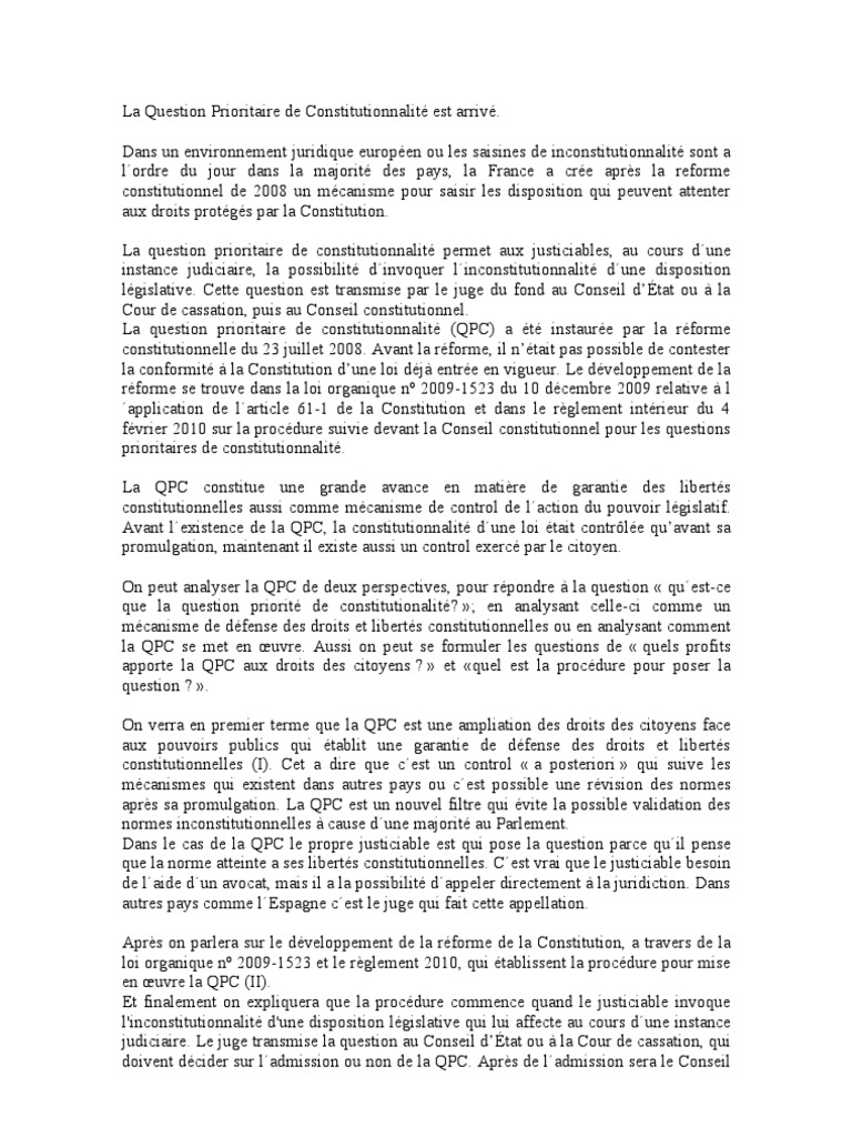 Le Contrôle De Constitutionnalité Des Lois Dissertation
