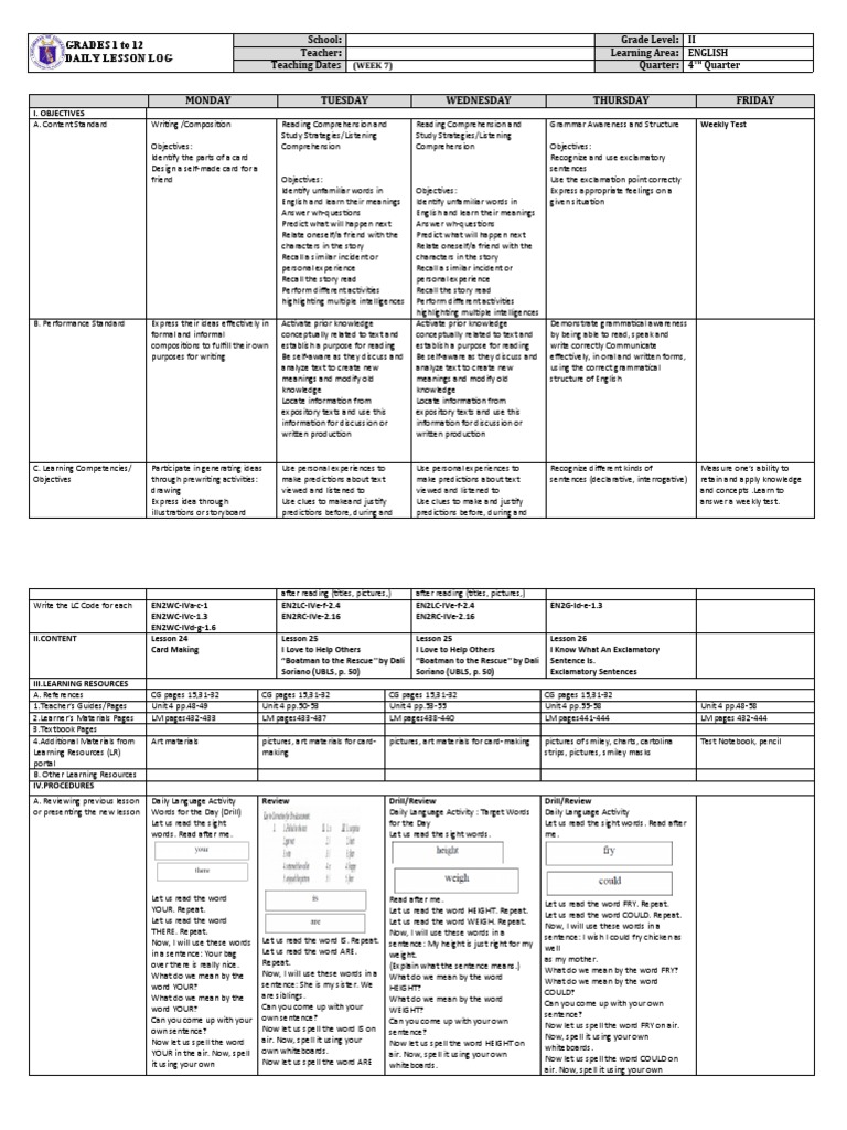 Grade 2 DLL Q4 W7 English Activities | PDF | Reading Comprehension ...