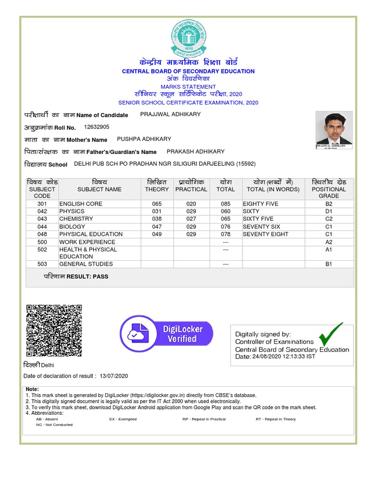 Class 12 Mark Sheet | PDF