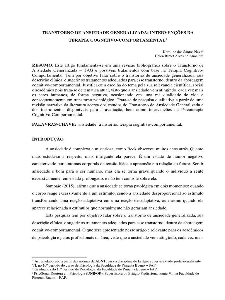 TCC para Transtorno de Ansiedade Generalizada | PDF | Ansiedade ...