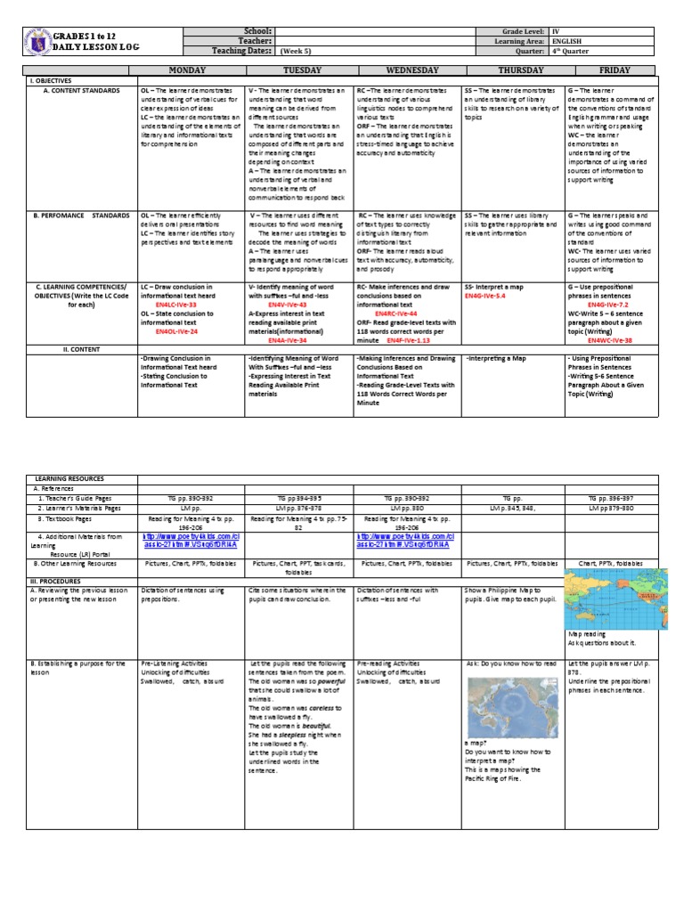 Grade 4 English Week 5 Lesson Plan | PDF | Adjective | Linguistics