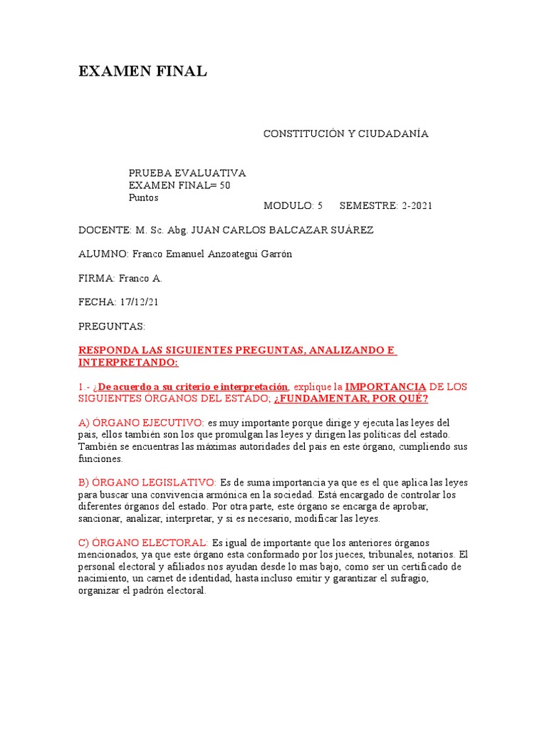 Examen Final | PDF | Derecho Constitucional | Prueba (evaluación)