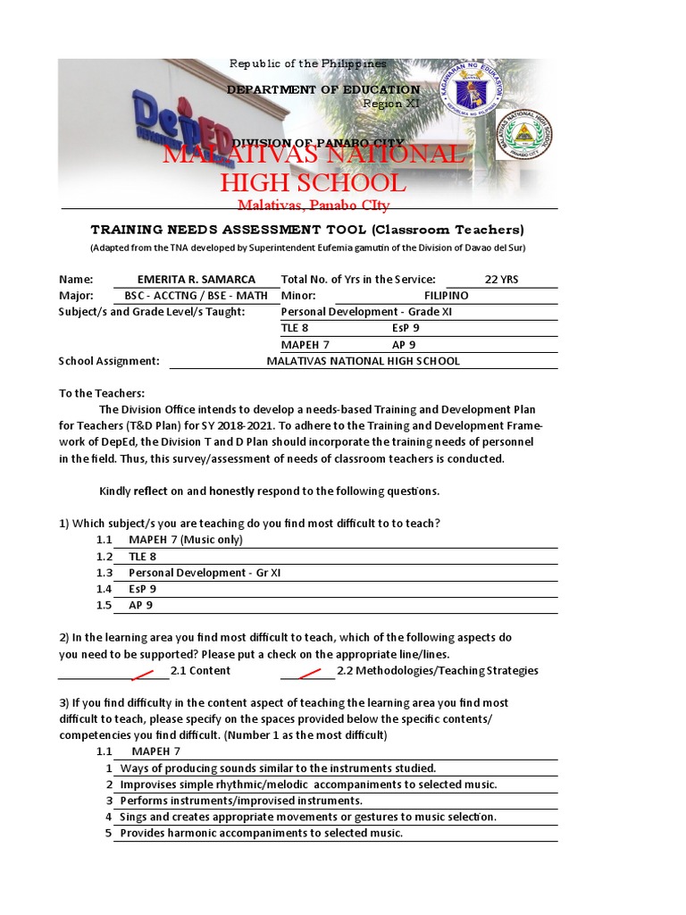 Teacher Training Needs Assessment Tool | PDF | Teachers | Learning