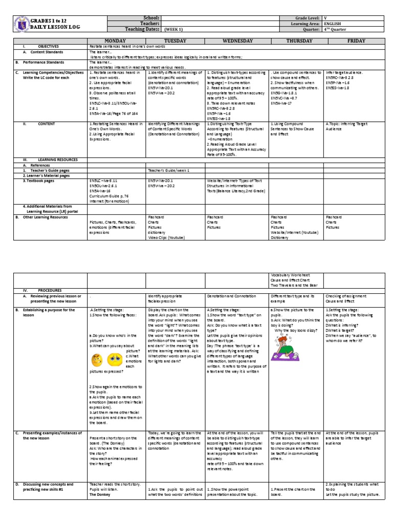Grade 5 DLL English 5 Q4 Week 1 | PDF | Word | Flashcard