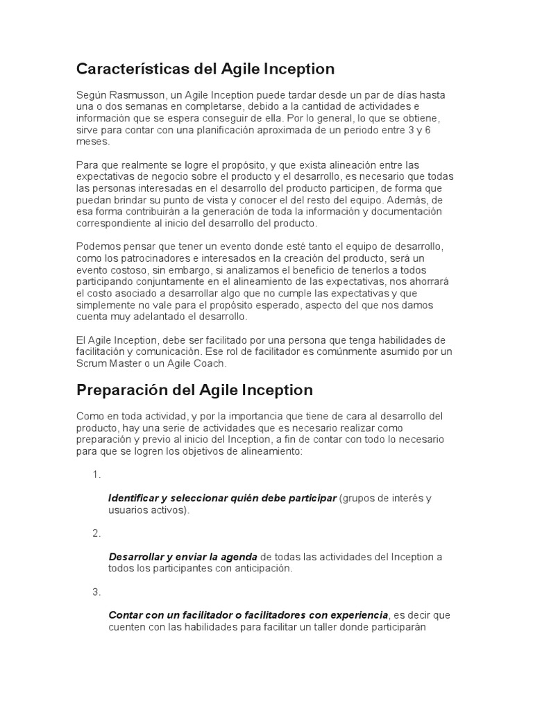 Características del Agile Inception | PDF | Scrum (desarrollo de ...