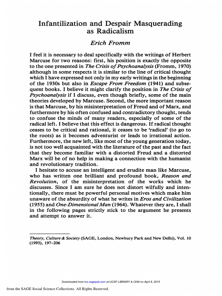 FROMM, Erich. Infantilization and Despair Masquerading As Radicalism ...