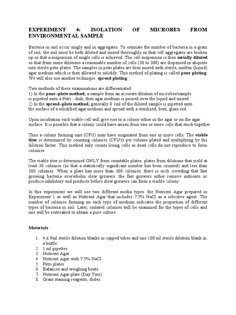 Experiment 4 Isolation of Microbes From Environmental Sample PDF Colony Forming Unit