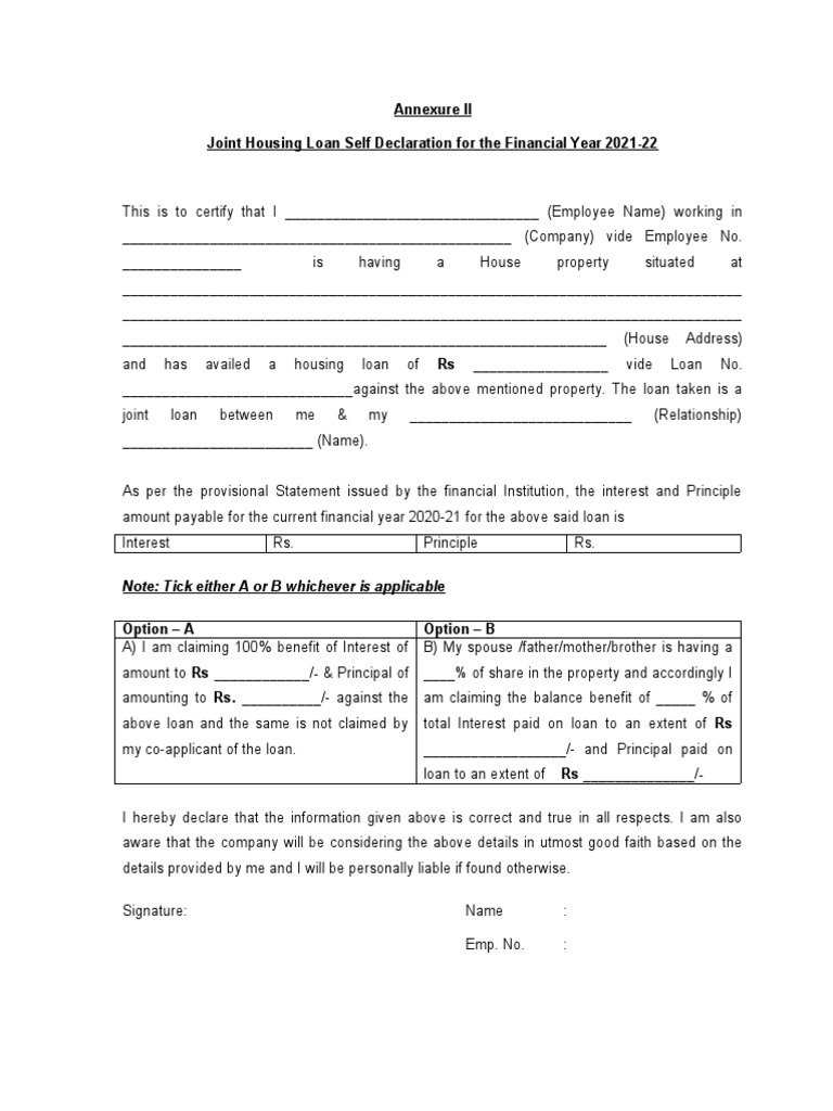 Annexure IIJoint Housing Loan Declaration PDF Loans Private Law