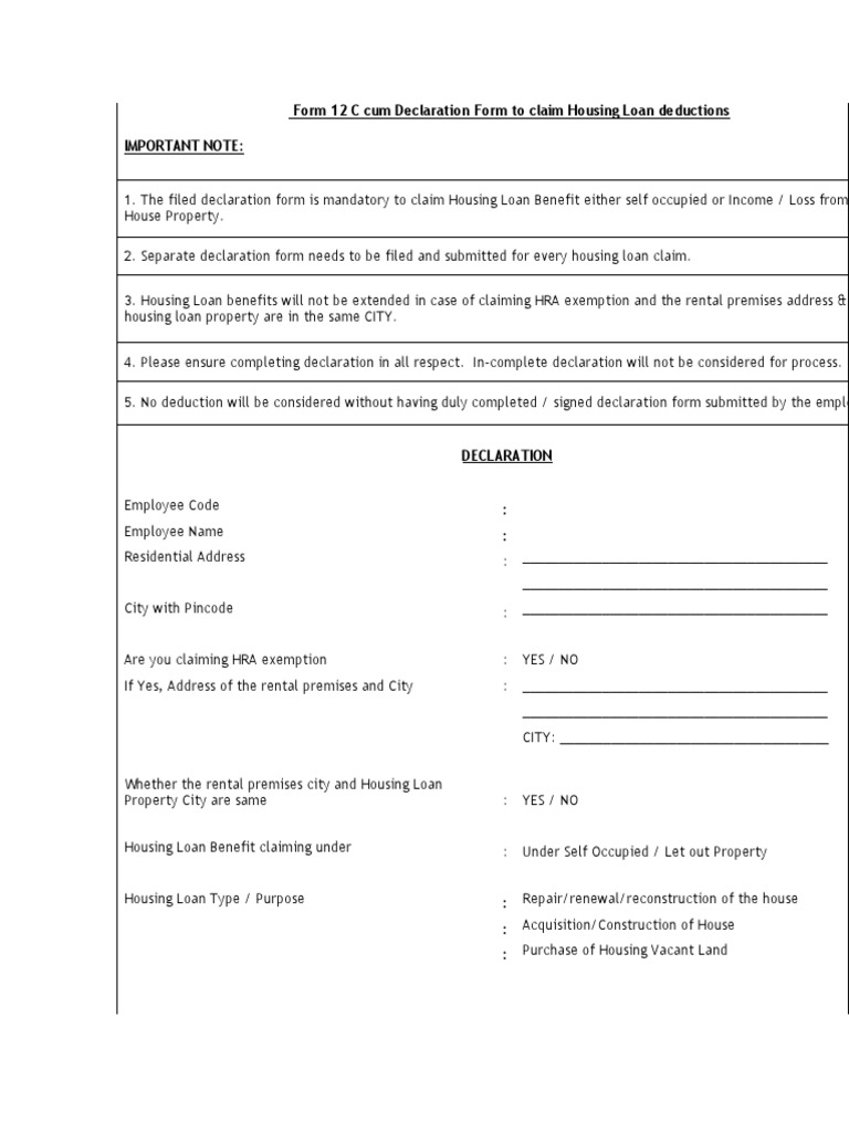 Form 12 C Cum Declaration Form To Claim Housing Loan Deductions 