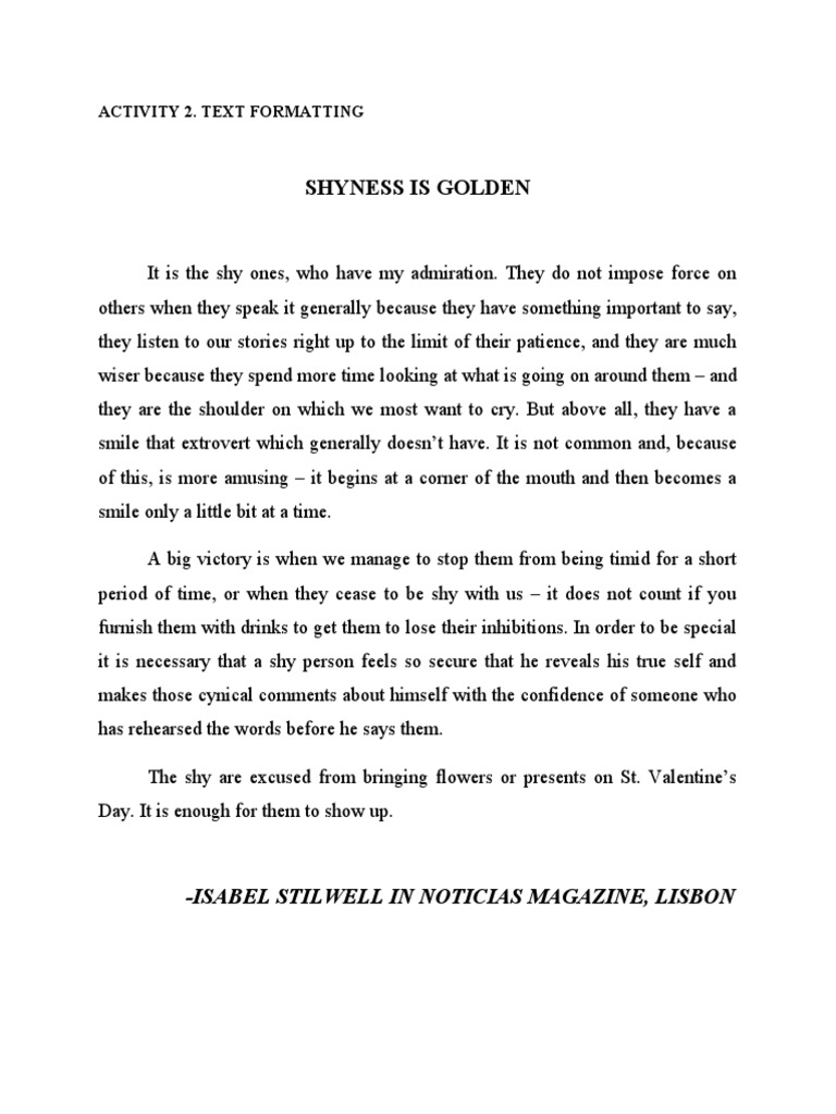 Shyness Is Golden: Activity 2. Text Formatting | PDF
