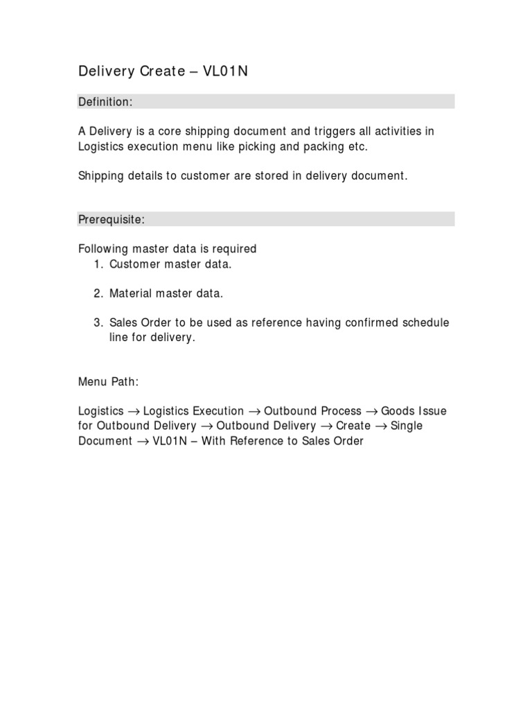 Delivery Create - VL01N | PDF