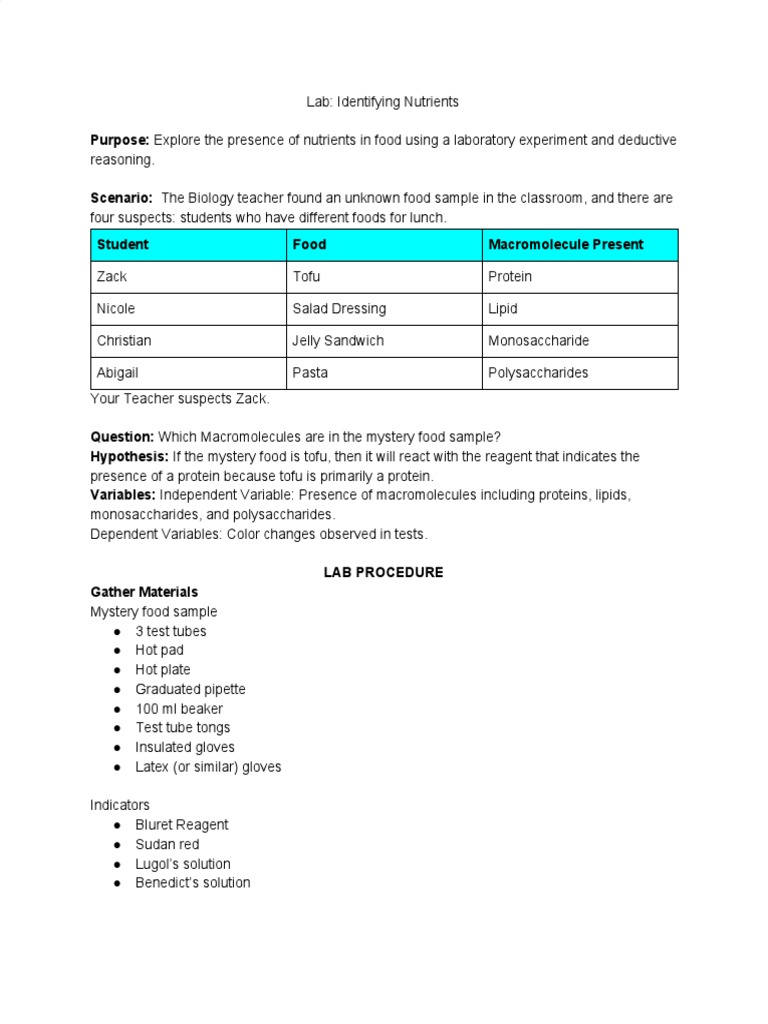 lab identifying nutrients assignment lab report brainly