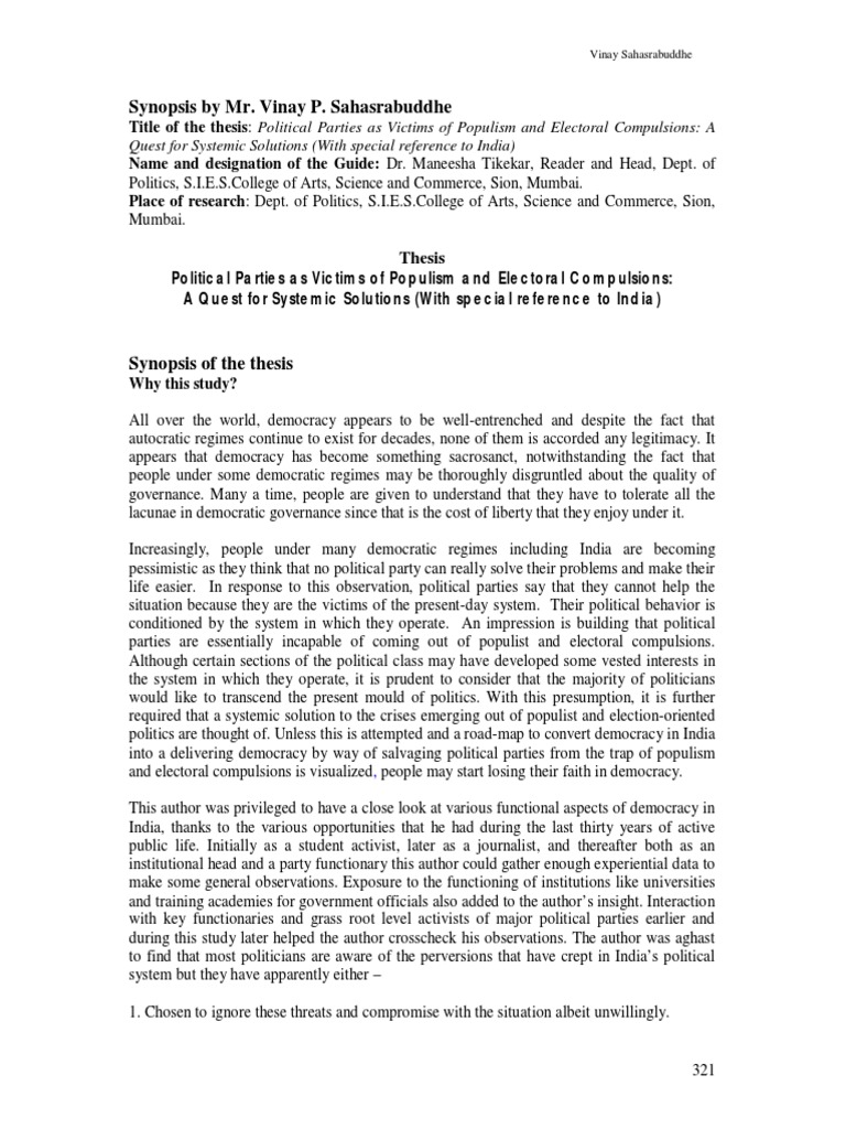 Research Synopsis Vinays | PDF | Bharatiya Janata Party | Democracy
