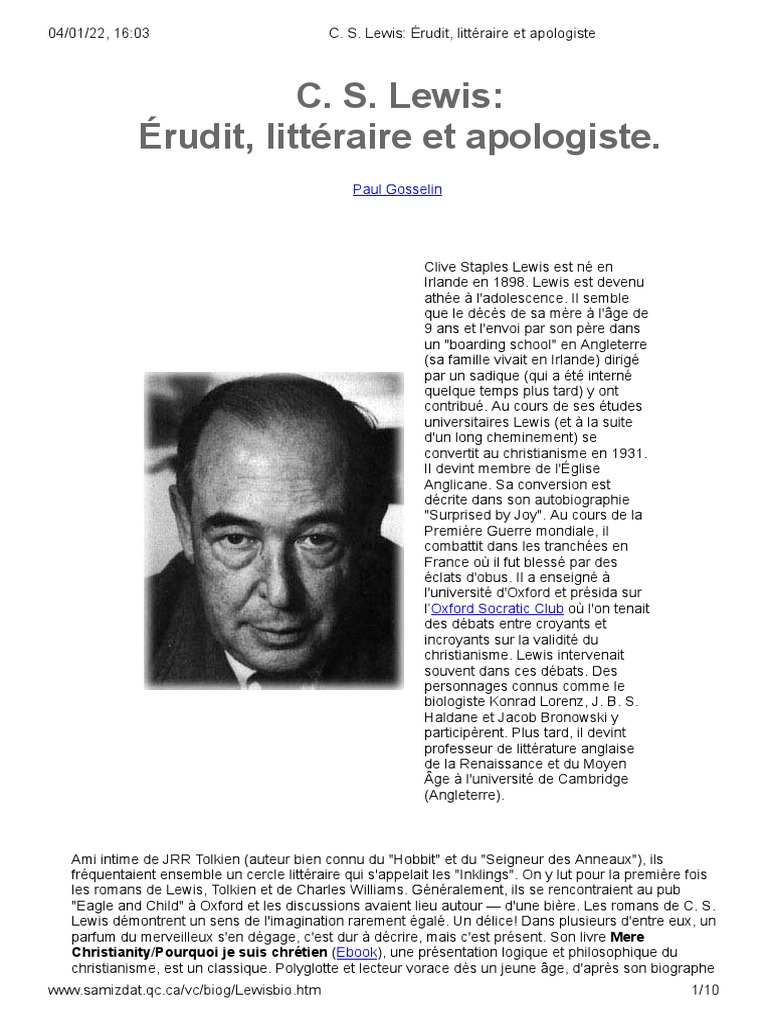 C. S. Lewis. Érudit, Littéraire Et Apologiste | PDF | CS Lewis