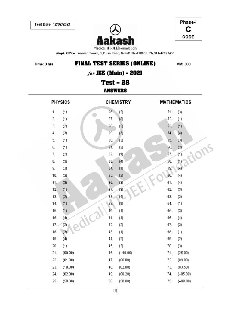 Test - 28: Final Test Series (Online) For JEE (Main) - 2021 | PDF ...