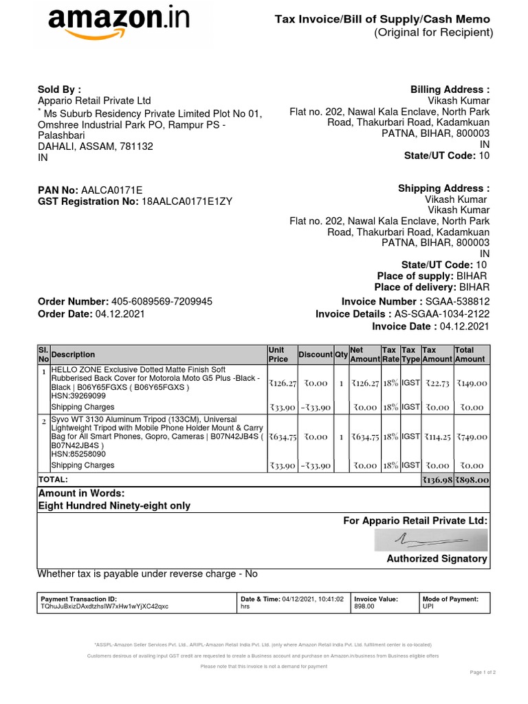 Amazon Tax Invoice for Motorola Purchase | PDF | Invoice | Payments