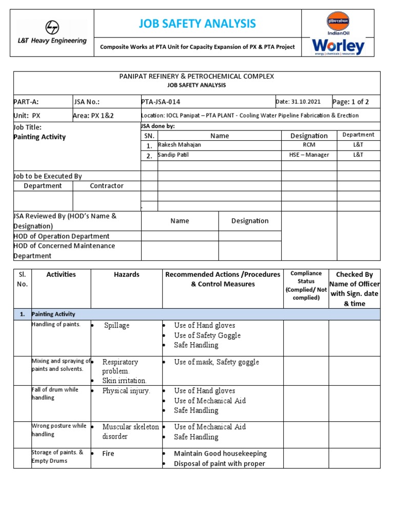 Job Safety Analysis: Painting Activity | PDF | Safety | Workplace