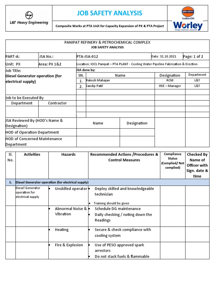 Diesel Generator Operation and Safety Analysis for Electrical Supply at