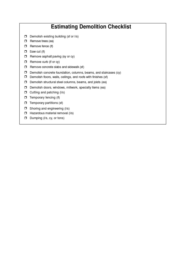 Demolition Estimating Checklist | PDF | Art
