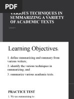 Various Techniques in Summarizing A Variety of Academic Texts