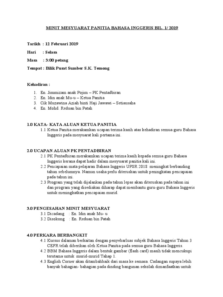 Contoh Minit Mesyuarat Panitia Bahasa Inggeris Akhir Tahun