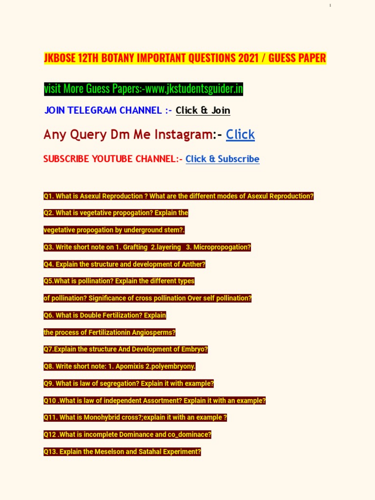 12th Botany Important Questions PDF Ecology Reproduction