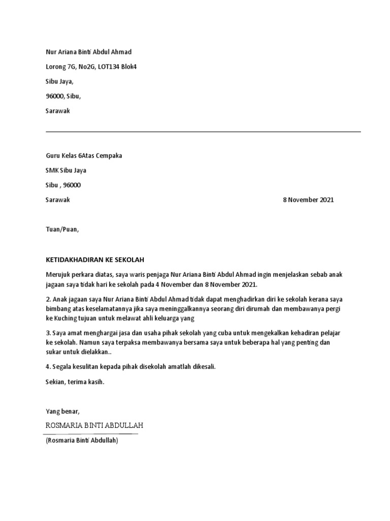 Surat Ketidakhadiran Sekolah Pdf
