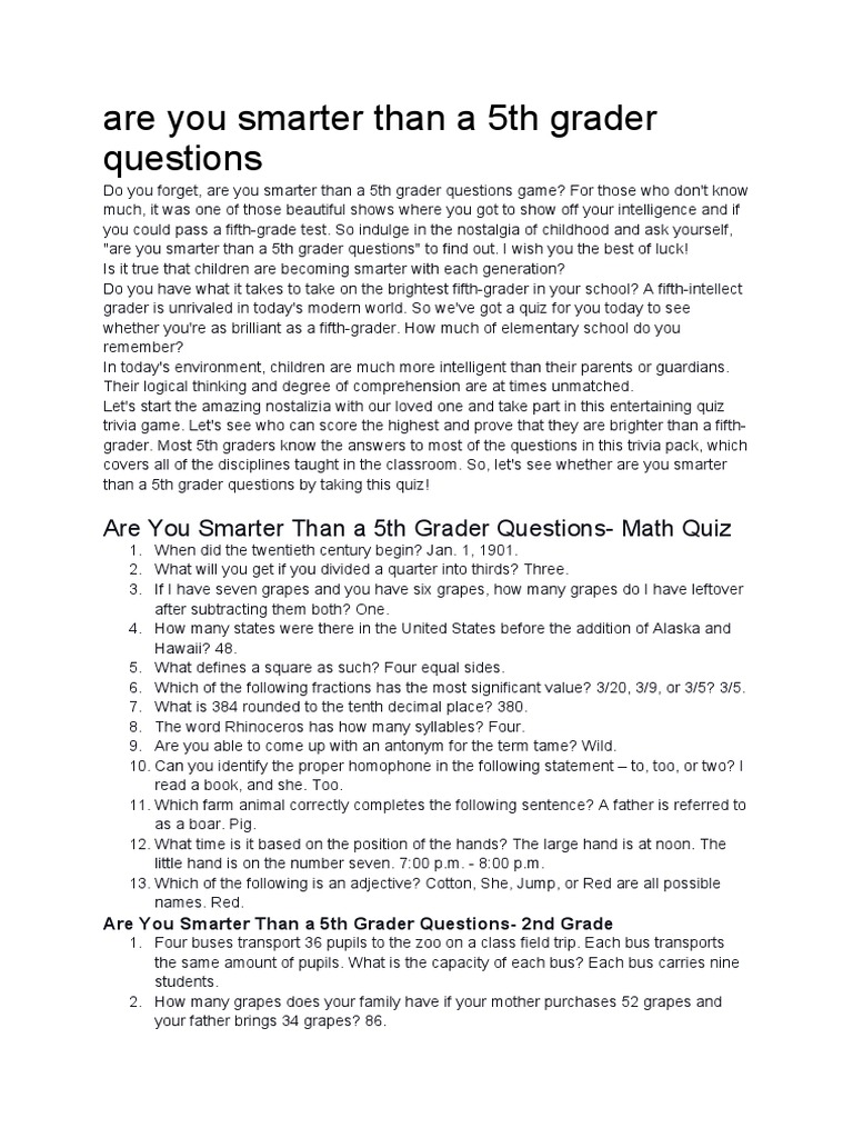 Are You Smarter Than A 5th Grader Questions PDF The United States