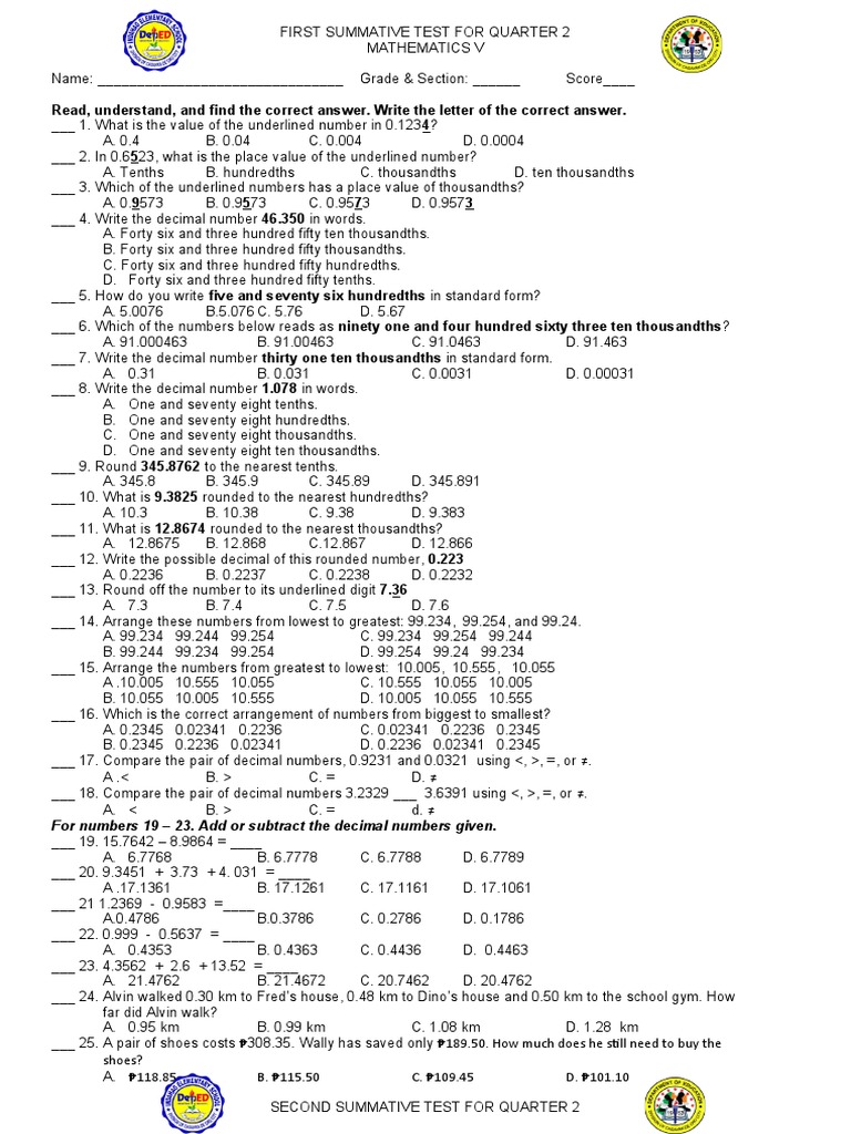 Summative Assessment in Decimal Operations and Problem Solving | PDF ...