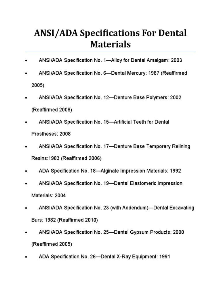 ANSI/ADA Specifications For Dental Materials | PDF | Toothbrush 