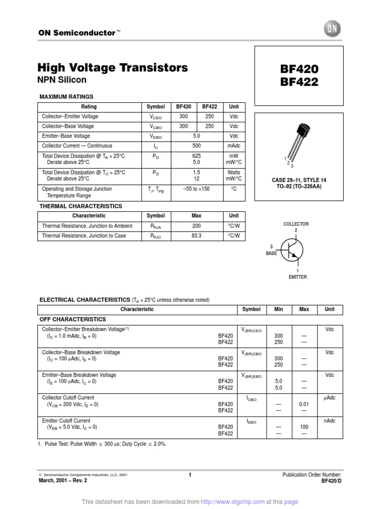 High Voltage Transistors BF420 BF422: NPN Silicon | PDF | Bipolar ...